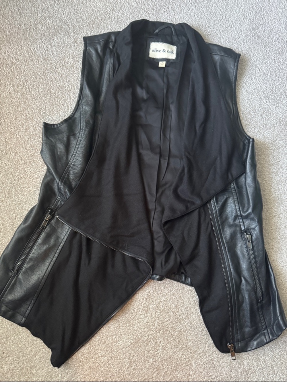 Olive & Oak Black Faux Leather Draped Open-Front Vest